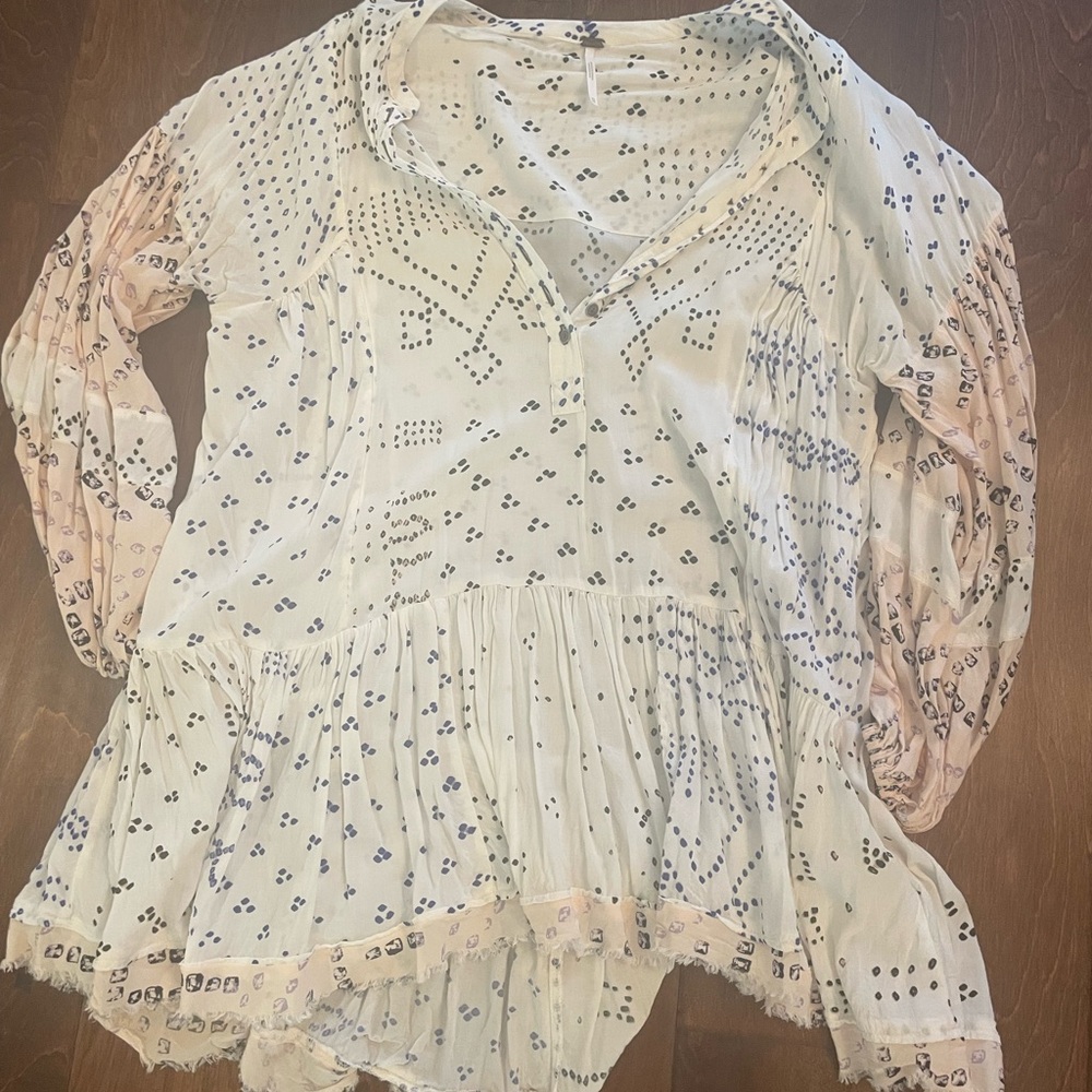 Free People Cream and Pink Patterned Blouse